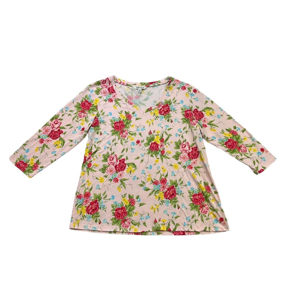 Pioneer Woman Shirt Womens Medium M Pink Green Yellow Floral V Neck 3/4 Sleeve